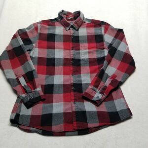 Eddie Bauer Mens M Button Down Flannel Shirt Long Sleeve Gray Red Plaid Cotton